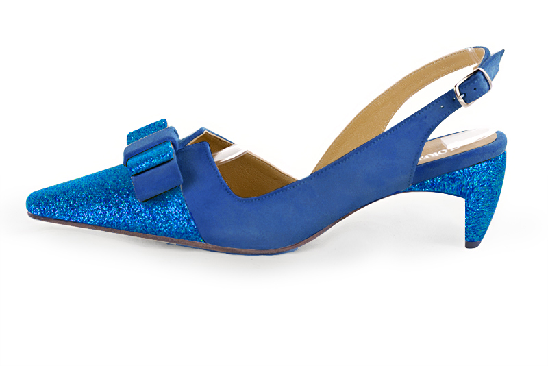 Electric blue women's open back shoes, with a knot. Tapered toe. Medium comma heels. Profile view - Florence KOOIJMAN